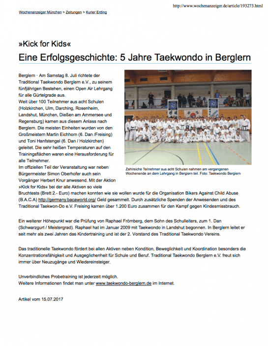 Eine Erfolgsgeschichte 5 Jahre Taekwondo in Berglern – Kick For Kids